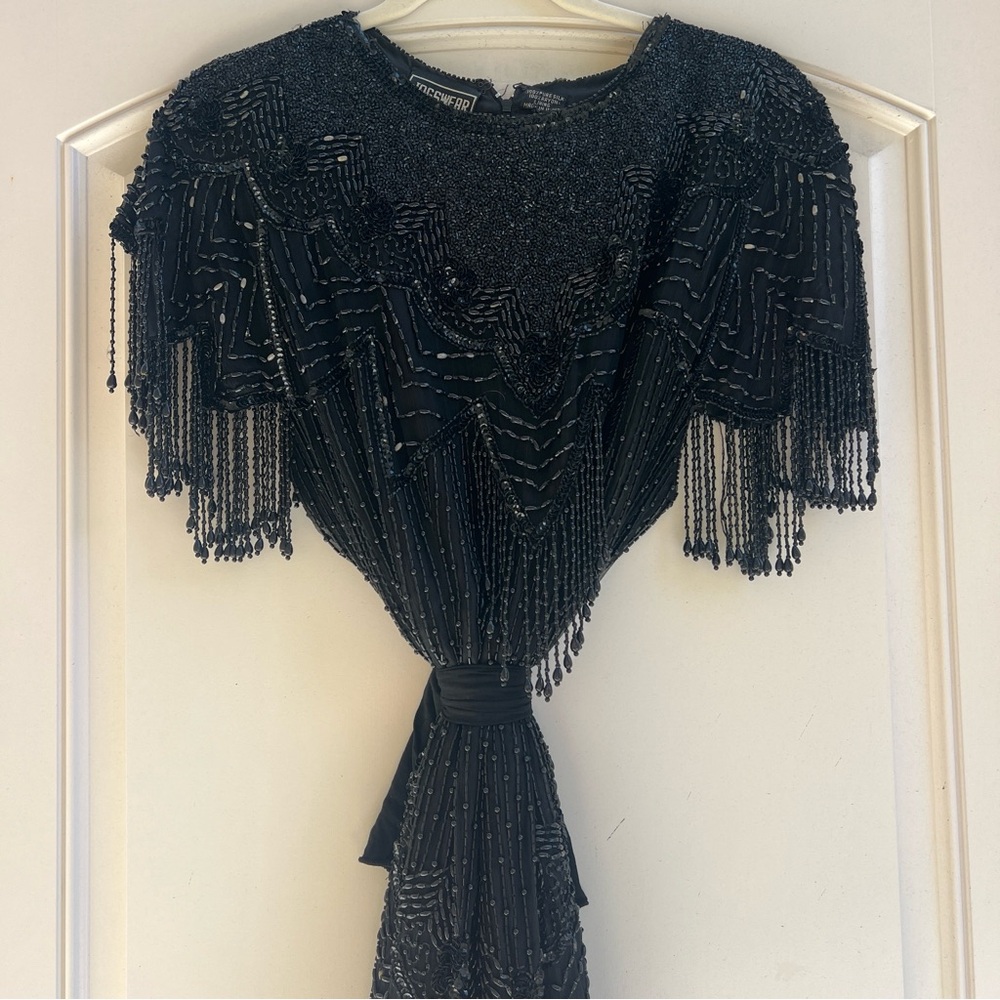 Vintage 100% Silk 30s flapper Beaded Black Evening Dress with Fringe Detail slip